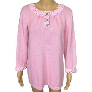 Vintage RARE Quacker Factory Womens M Pink Sweater Shirt Rhinestones &‎ Beaded